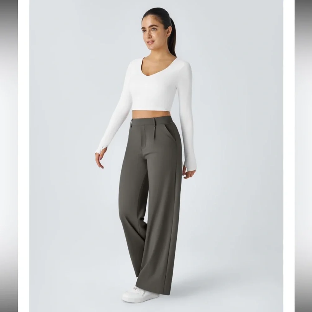 Halara Pleated High Waist Wide Leg Pull On Stretch Pants Medium Petite Gray - Picture 3 of 16